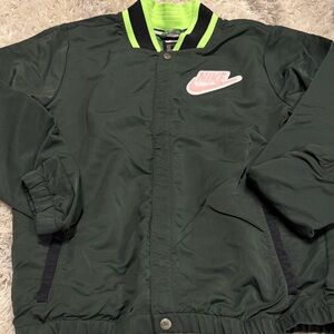 Nike Forest Green Bomber Jacket with Neon Lime Trim and Pink Swoosh